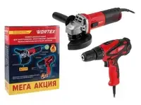 Набор электроинструмента wortex 1329385 (болгарка, шуруповерт, 5 дисков)