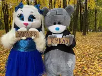 Поздравление на праздник Мишка и Зайчик. Ростовые куклы на праздник.
