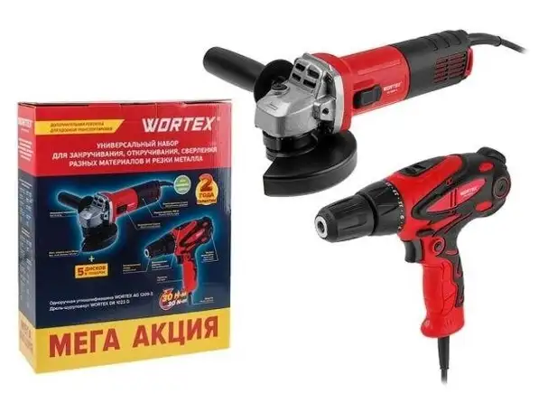 Набор электроинструмента wortex 1329385 (болгарка, шуруповерт, 5 дисков), фотография 1
