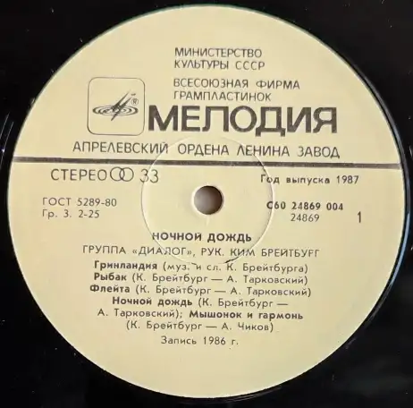 Грампластинка Группа Диалог - Ночной дождь (1987), фотография 5