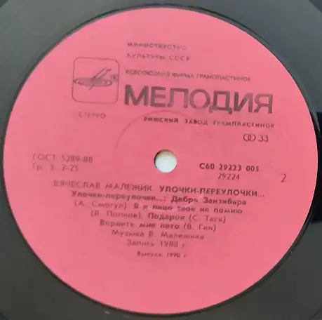 Грампластинка Вячеслав Малежик - Улочки-переулочки... 1990, фотография 6