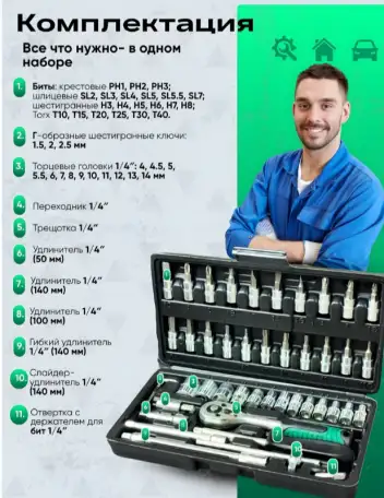 Набор инструментов трещётка головки удлинитель, фотография 2