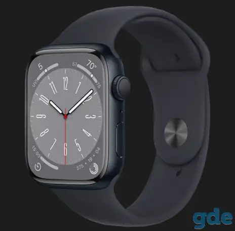 Apple Watch Series 8 45 мм (корпус из алюминия цвета «тёмная ночь», спортивный ремешок «тёмная ночь», фотография 1