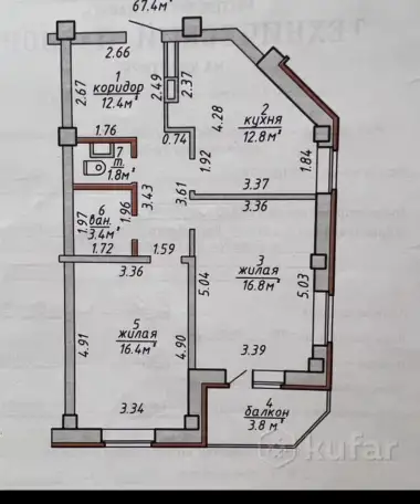 2 - комнатная  по новому евро трёшка 67,4м2, фотография 3