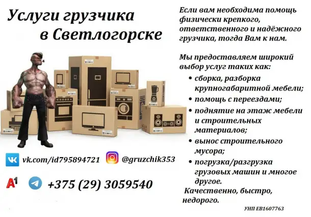 Услуги грузчика в Светлогорске, фотография 1