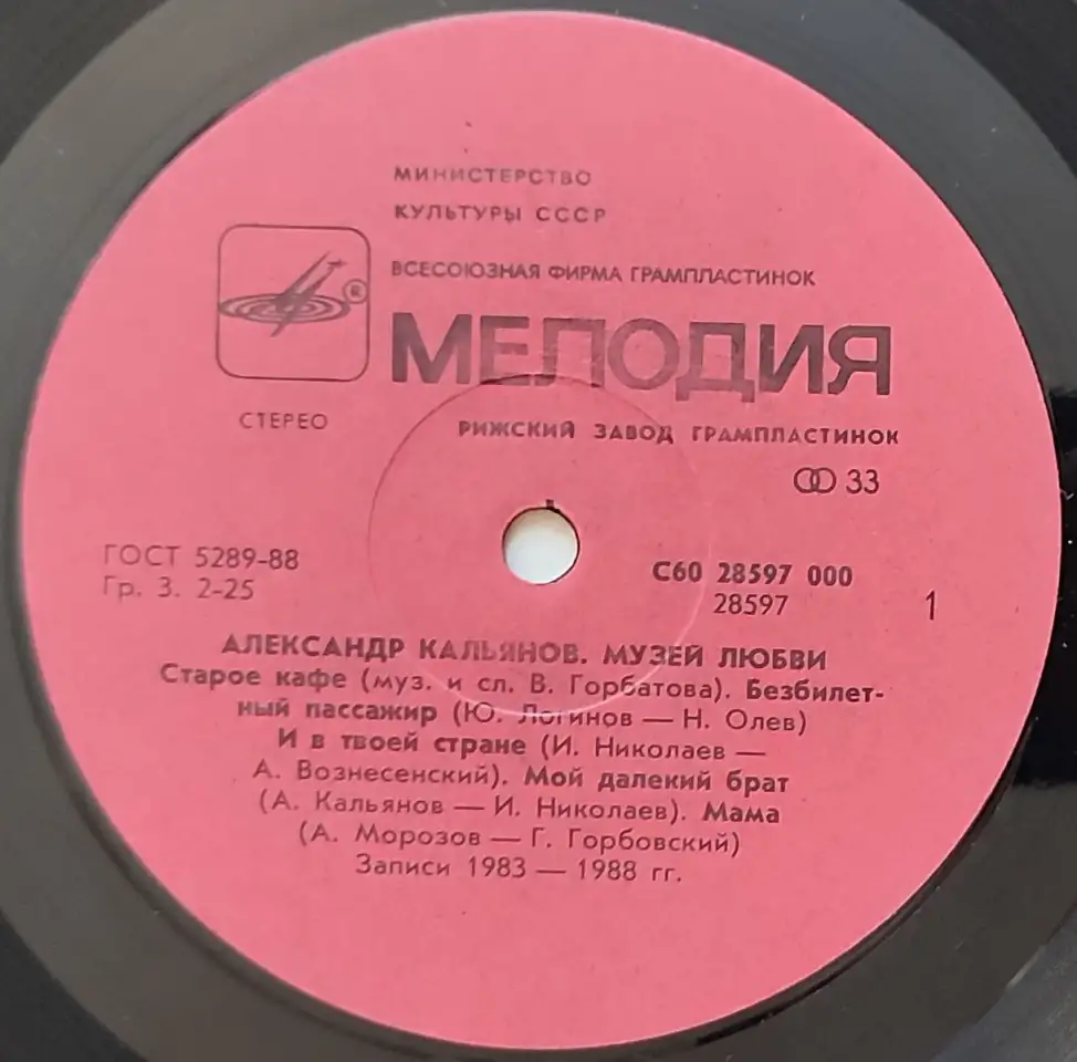Грампластинка Александр Кальянов - Музей любви 1990, фотография 5