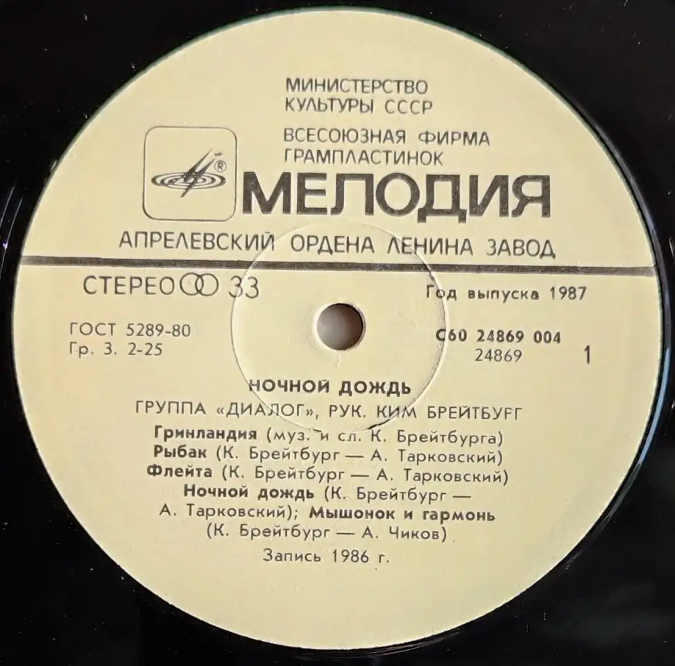 Грампластинка Группа Диалог - Ночной дождь (1987), фотография 5