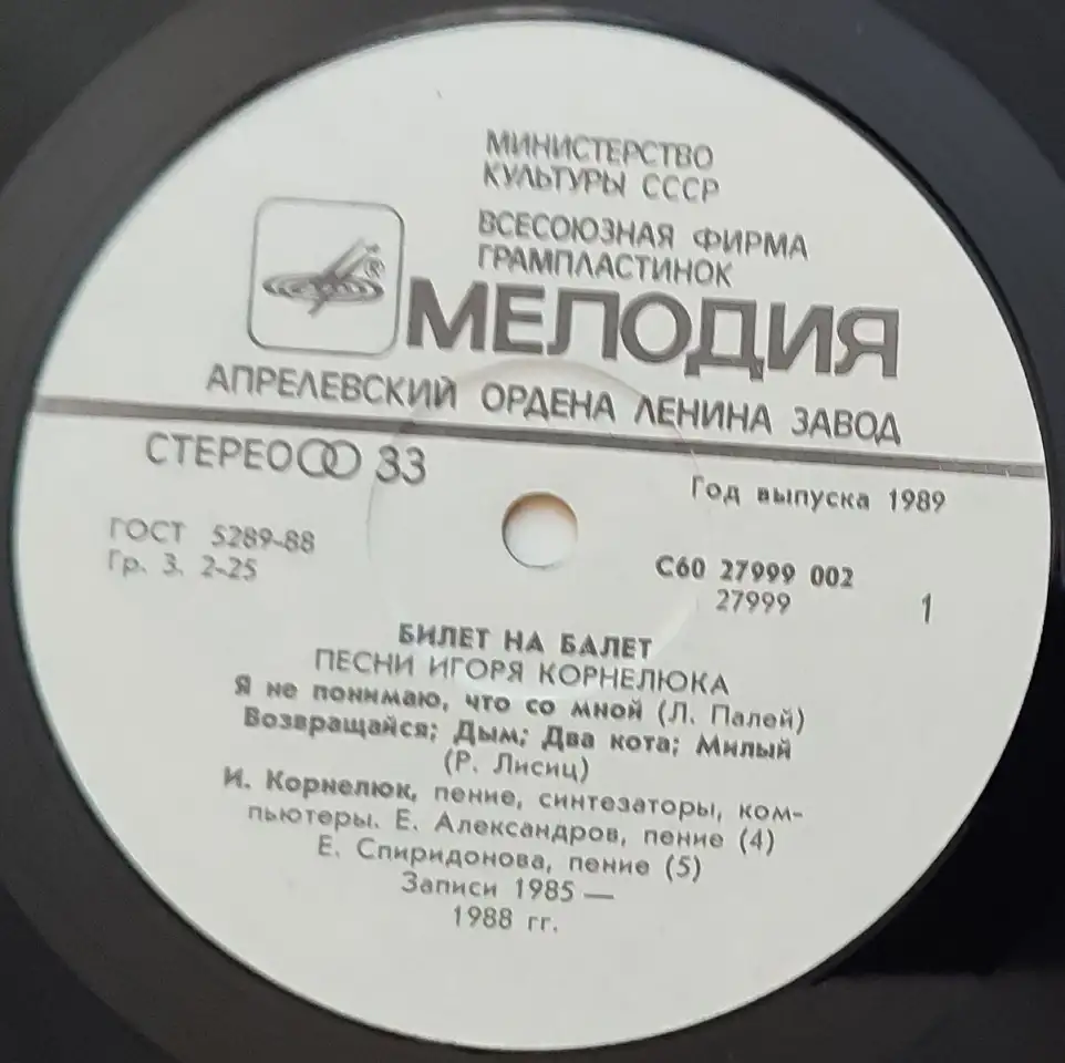 Грампластинка Песни Игоря Корнелюка - Билет на балет 1989, фотография 5