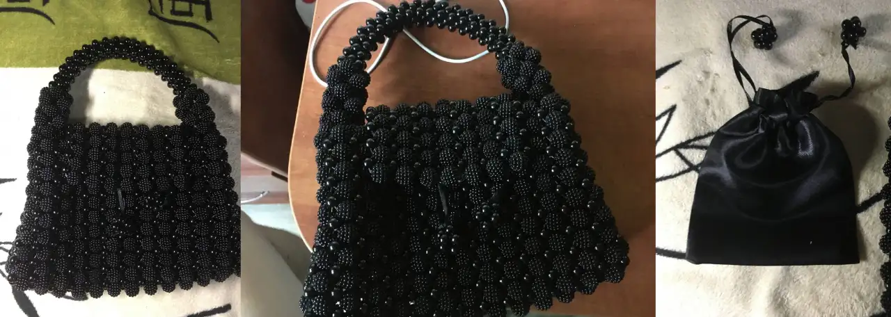 Ежевичная handmade сумка из чёрных пластиковых бусин Шамбала, чёрная в комплекте доп тканевый мешочек, самосборный ч, фотография 1