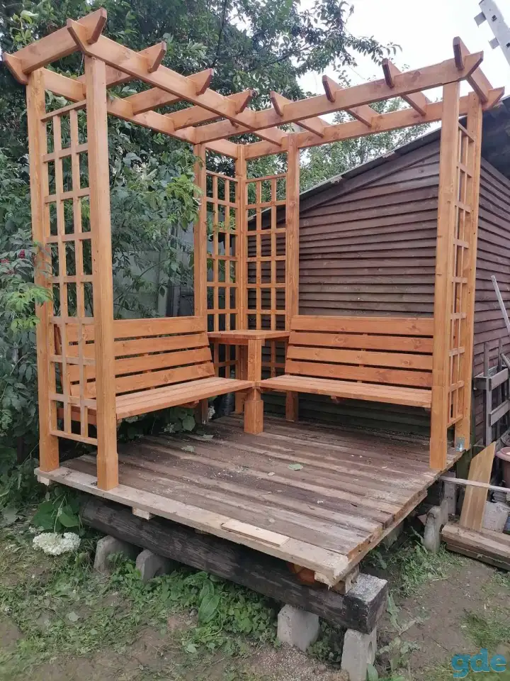 Качели, беседки, скамейки, пергола, кашпо, столы, фотография 5