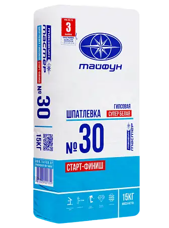 Тайфун Мастер 30 шпатлевка гипсовая финишная Старт-Финиш белая для внутренних работ меш 15кг, фотография 1