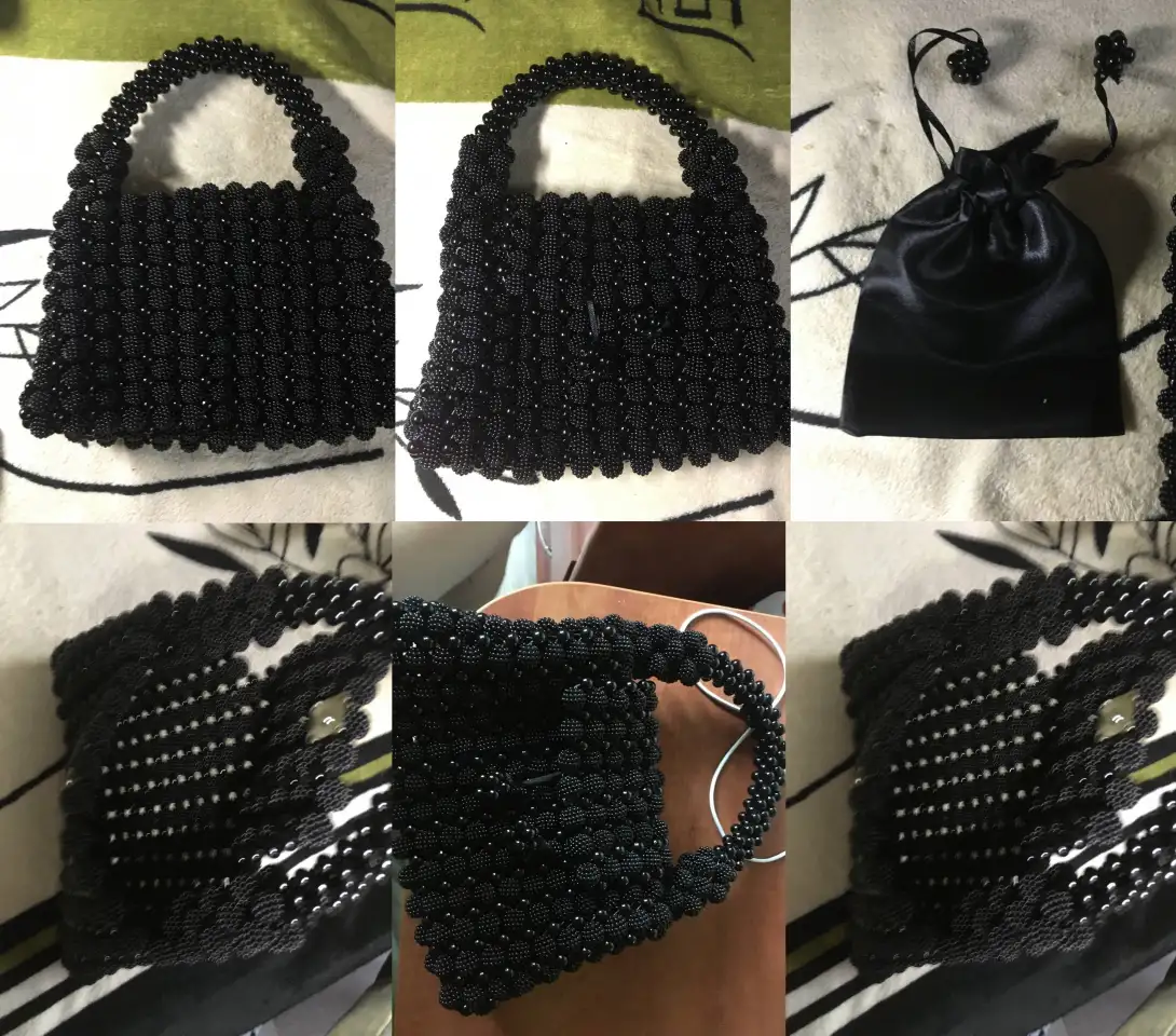 Ежевичная handmade сумка из чёрных пластиковых бусин Шамбала, чёрная в комплекте доп тканевый мешочек, самосборный ч, фотография 2