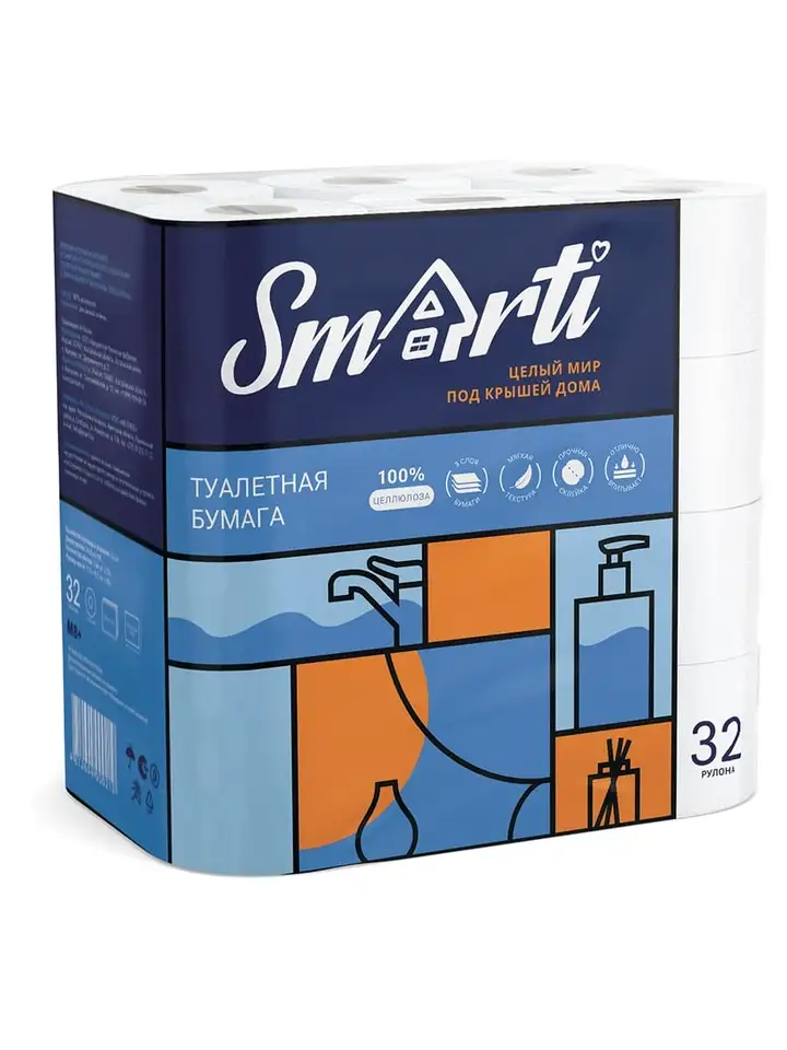 Туалетная бумага smarti 3-ех слойная целлюлоза 32 шт, фотография 1