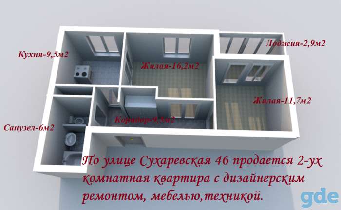 Сухаревская 46, 2-ух комн. квартира с отличным ремонтом, мебелью, техникой, фотография 2
