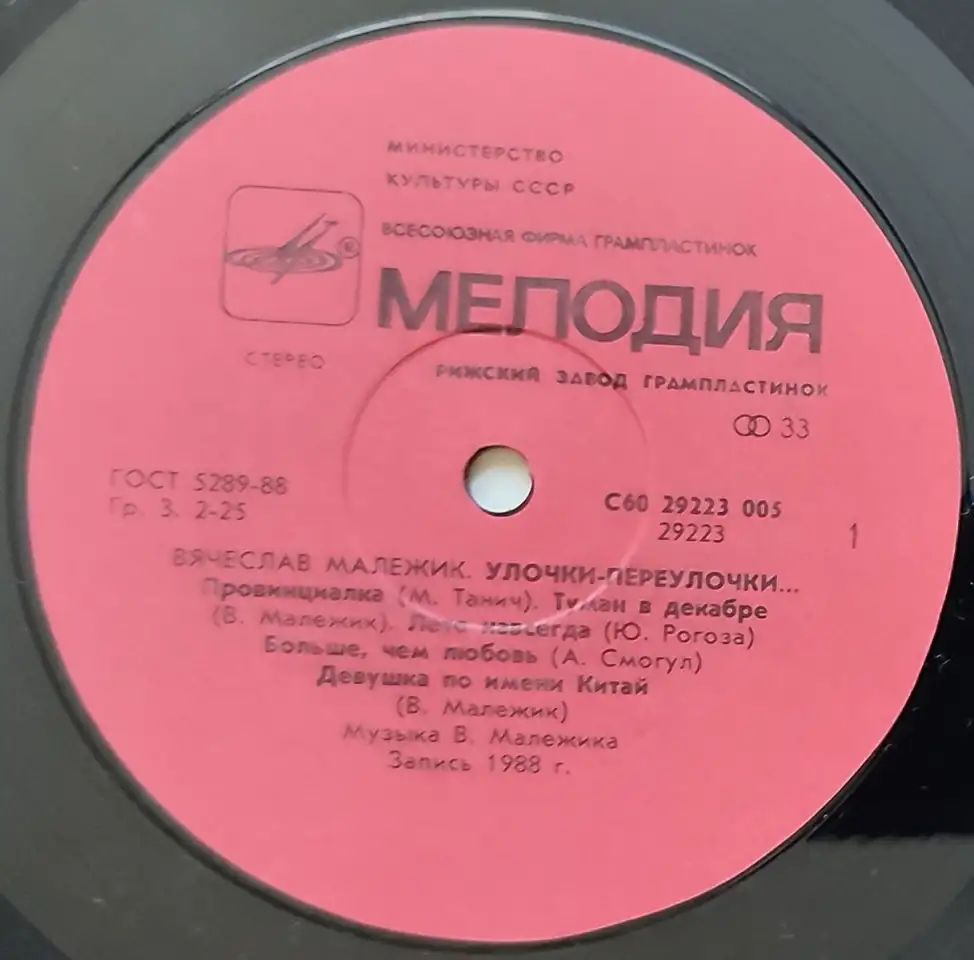 Грампластинка Вячеслав Малежик - Улочки-переулочки... 1990, фотография 5