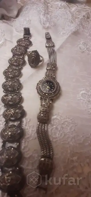 Комплект из серебра 925 пробы. Часы, браслет, кольцо, фотография 1