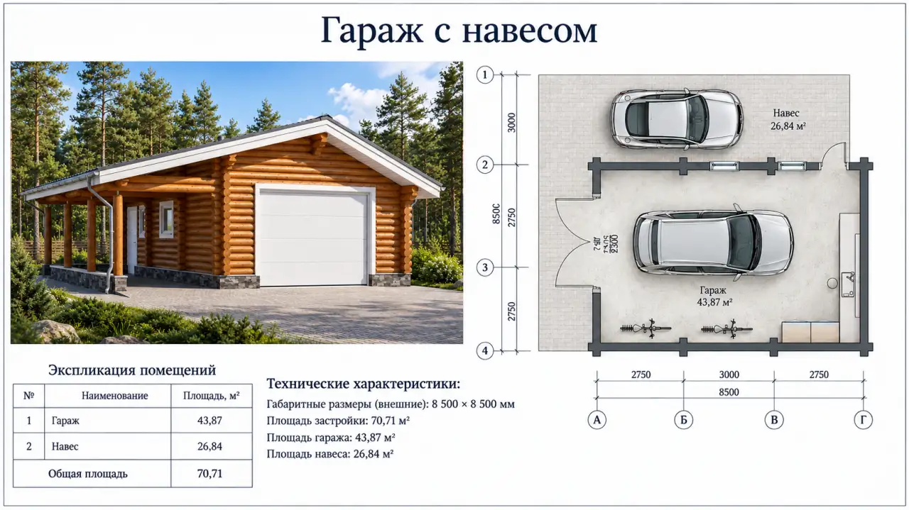 Гараж с навесом из оцилиндрованного бревна, фотография 3
